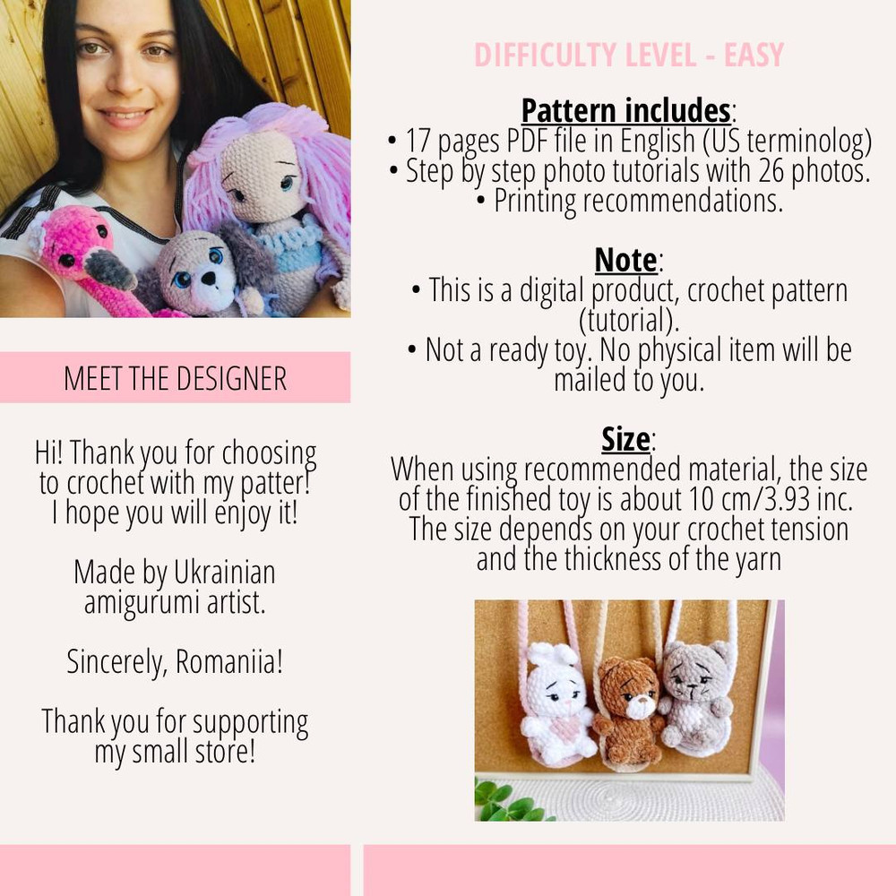 Crochet Animal Car Mirror Hanger Pdf Pattern Cute Keychain Bunny Cat Bear Amigurumi Easy To Follow  1