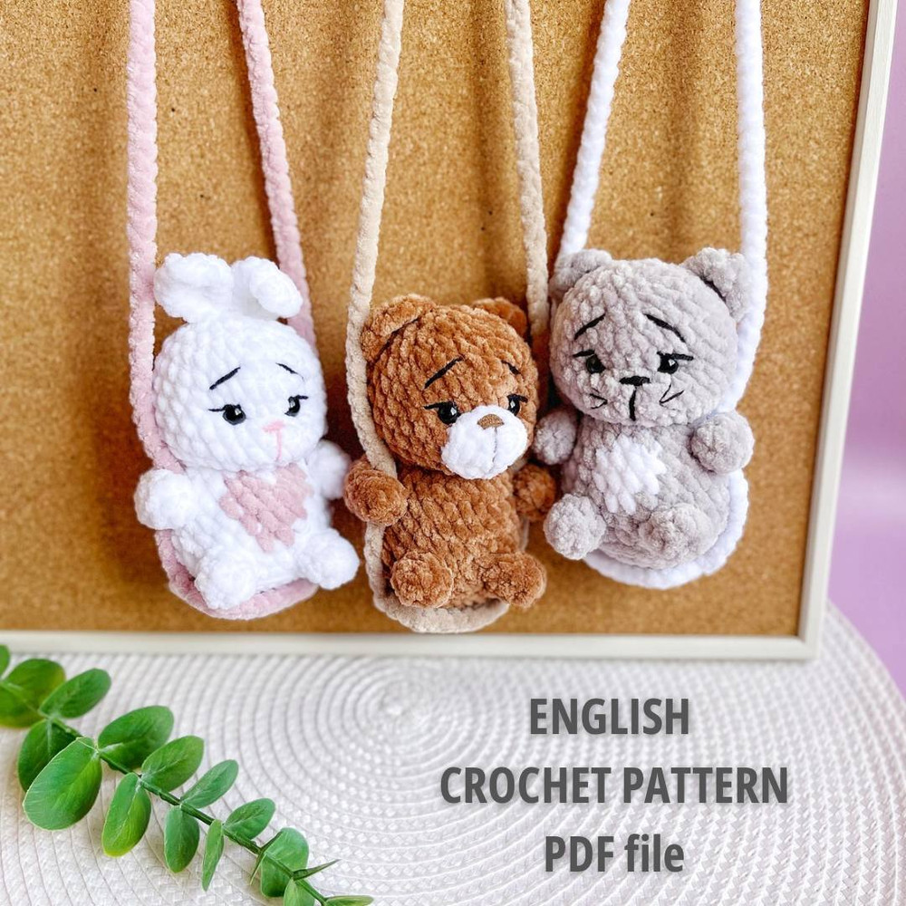 Crochet Animal Car Mirror Hanger Pdf Pattern Cute Keychain Bunny Cat Bear Amigurumi Easy To Follow  0