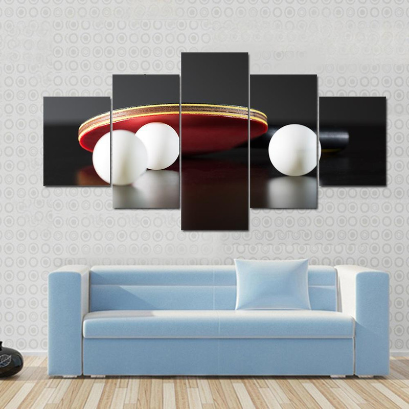 Table Tennis Racket And Balls On Dark Table - Sport 5 Panel Canvas Art Wall Decor.jpg
