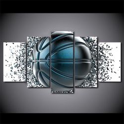 blue gray basketball disintegration sport 5 panel canvas art wall decor