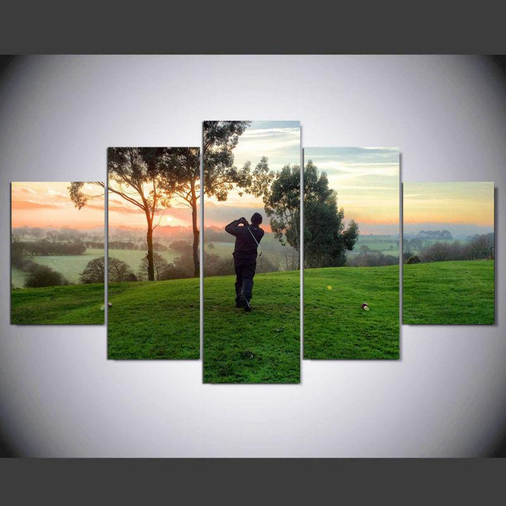 Playing Golf Sunrise Landscape - Sport 5 Panel Canvas Art Wall Decor.jpg
