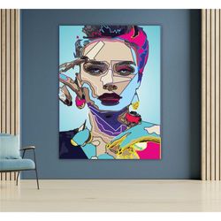 Woman Canvas Colored Line Art, Abstract Wall Decor,