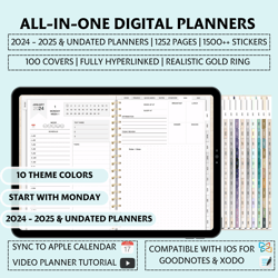 Premium All-In-One Digital Planners 2024 - 2025 & Undated, Bundle 10 Theme Colors