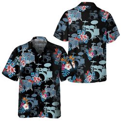 blue tropical flower drum hawaiian shirt drum shirt gift for drummers aloha shirt for men and women