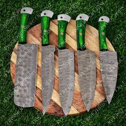 green colour chef / kitchen knives set , damascus steel chef knives set , best for gift and kitchen collection