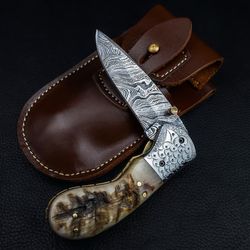 handmade damascus steel folding knife , hand forged edc pocket knife , christmas gift , gift for boyfriend