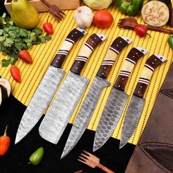handmade kitchen chef knives set , damascus steel chef knives , leather roll kit , best for cooking , kitchen collection
