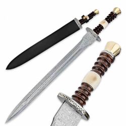 replica legends in steel renaissance sword , groomsmen gift , damascus steel sword with leath sheath , medieval sword