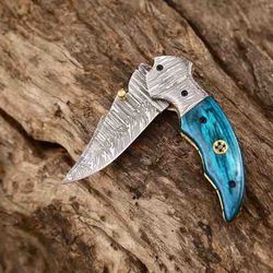 best christmas gift for boyfriend , folding pocket damascus steel knife with leather sheath , anniversary gift