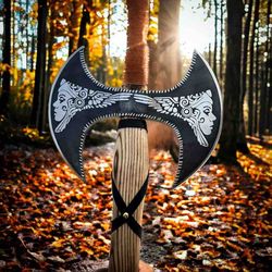 double headed viking axe , battle ready axe , handmade valhalla axe , camping axe . best axe for outdoors,christmas gift