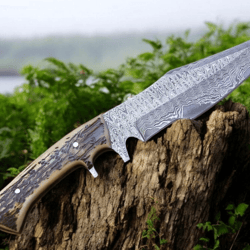 damascus hunting knife | order stainless steel outdoor blade | shop stag handle engraved knife | bf gift