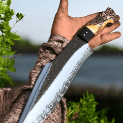 hand-forged stag handle bowie knife | 13" high carbon steel outdoor blade + leather sheath | bushcraft & hunting knife