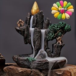 mountains river waterfall backflow incense burner fountain, aromatherapy smoke censer holder home decor