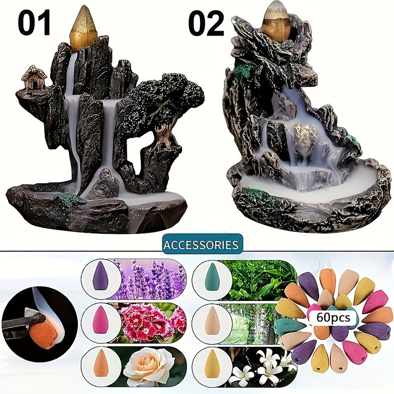 Mountains River Waterfall Backflow Incense Burner Fountain, Aromatherapy Smoke Censer Holder Home Decor