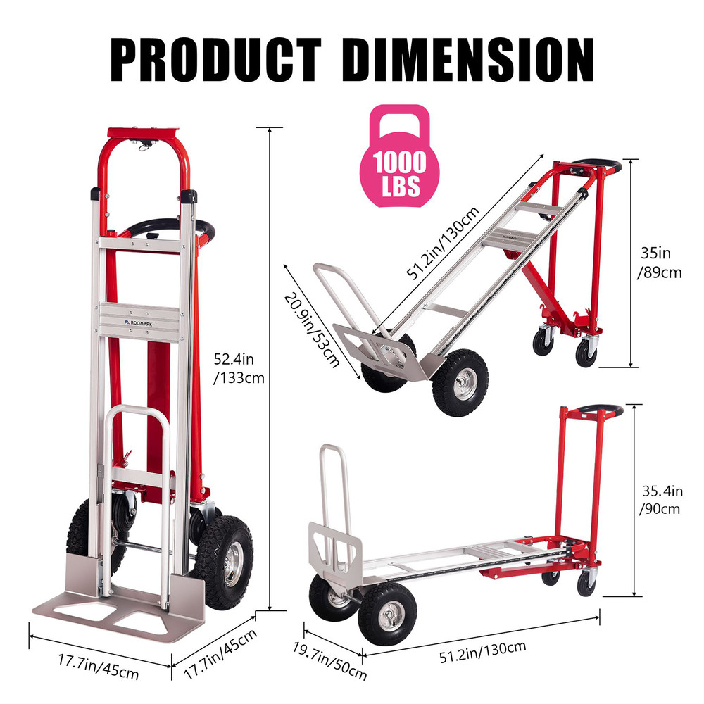 ROOMARK Convertible Hand Truck Dolly HeavyDuty Moving Cart With Telescopic Frame NonSlip Wheels And 6
