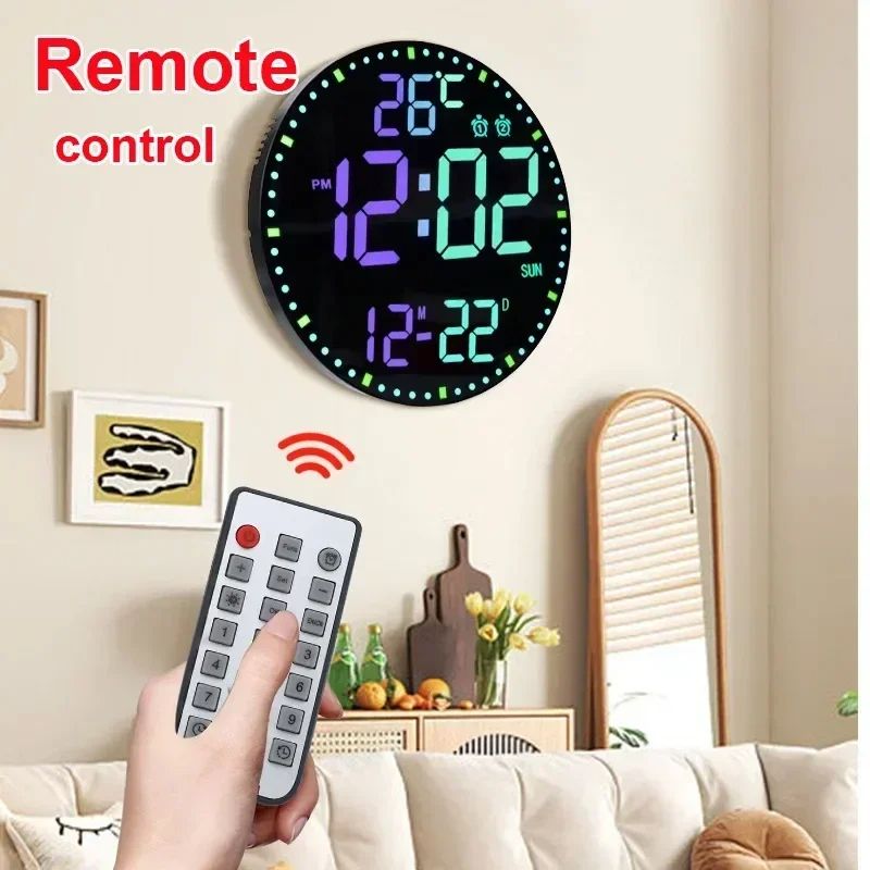 Smart WiFi Colorful LED Large Digital Wall Clock Temperature Date Week Display Dual Alarms Remote C 2