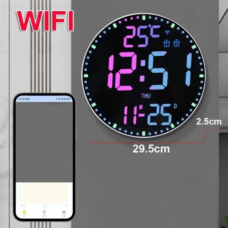 Smart WiFi Colorful LED Large Digital Wall Clock Temperature Date Week Display Dual Alarms Remote C 4