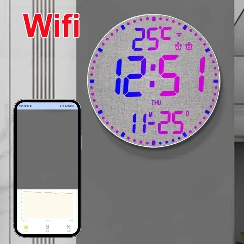 Smart WiFi Colorful LED Large Digital Wall Clock Temperature Date Week Display Dual Alarms Remote C 5