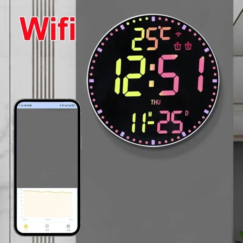 Smart WiFi Colorful LED Large Digital Wall Clock Temperature Date Week Display Dual Alarms Remote C 6