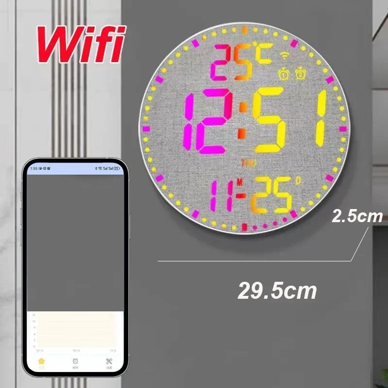 Smart WiFi Colorful LED Large Digital Wall Clock Temperature Date Week Display Dual Alarms Remote C 7