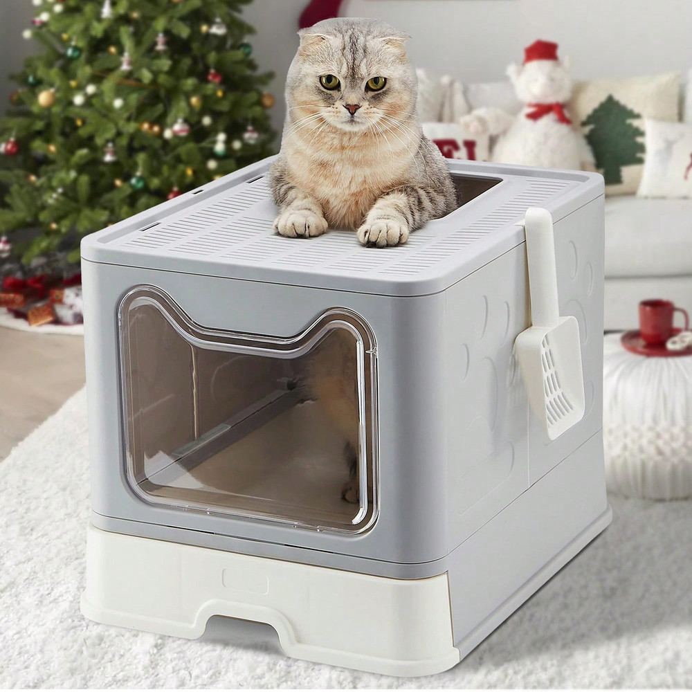 Foldable Cat Litter Box With Drawer Scooper Convenient Covered Litter Pan For Cats Easy Cleaning