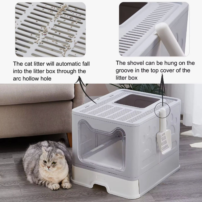 Foldable Cat Litter Box With Drawer Scooper Convenient Covered Litter Pan For Cats Easy Cleaning