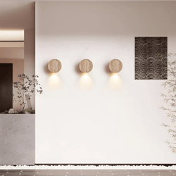 wabi-sabi circle yellow travertine wall lamp, natural stone led wall light for bedroom, bedside, stair, living room