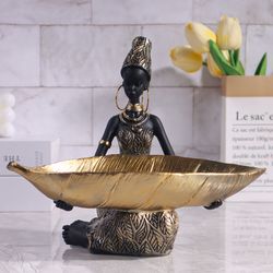 african girl holding a plate sculpture for home and office, vintage decorative storage ornament & collectible craft
