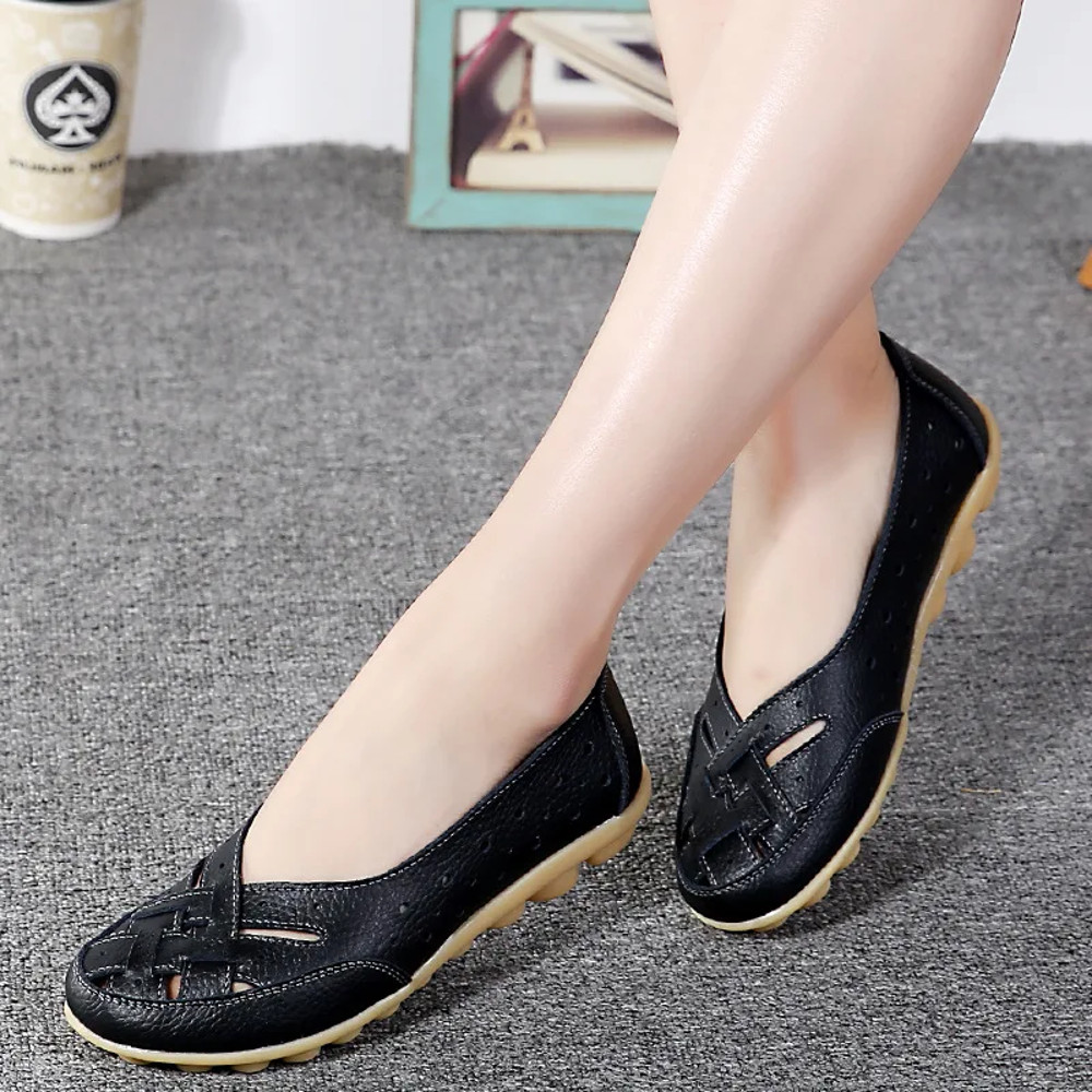 Hot Women Flat Shoes, Plus Size Loafers, Genuine Leather Casual Hollow Flat Shoes for Women
