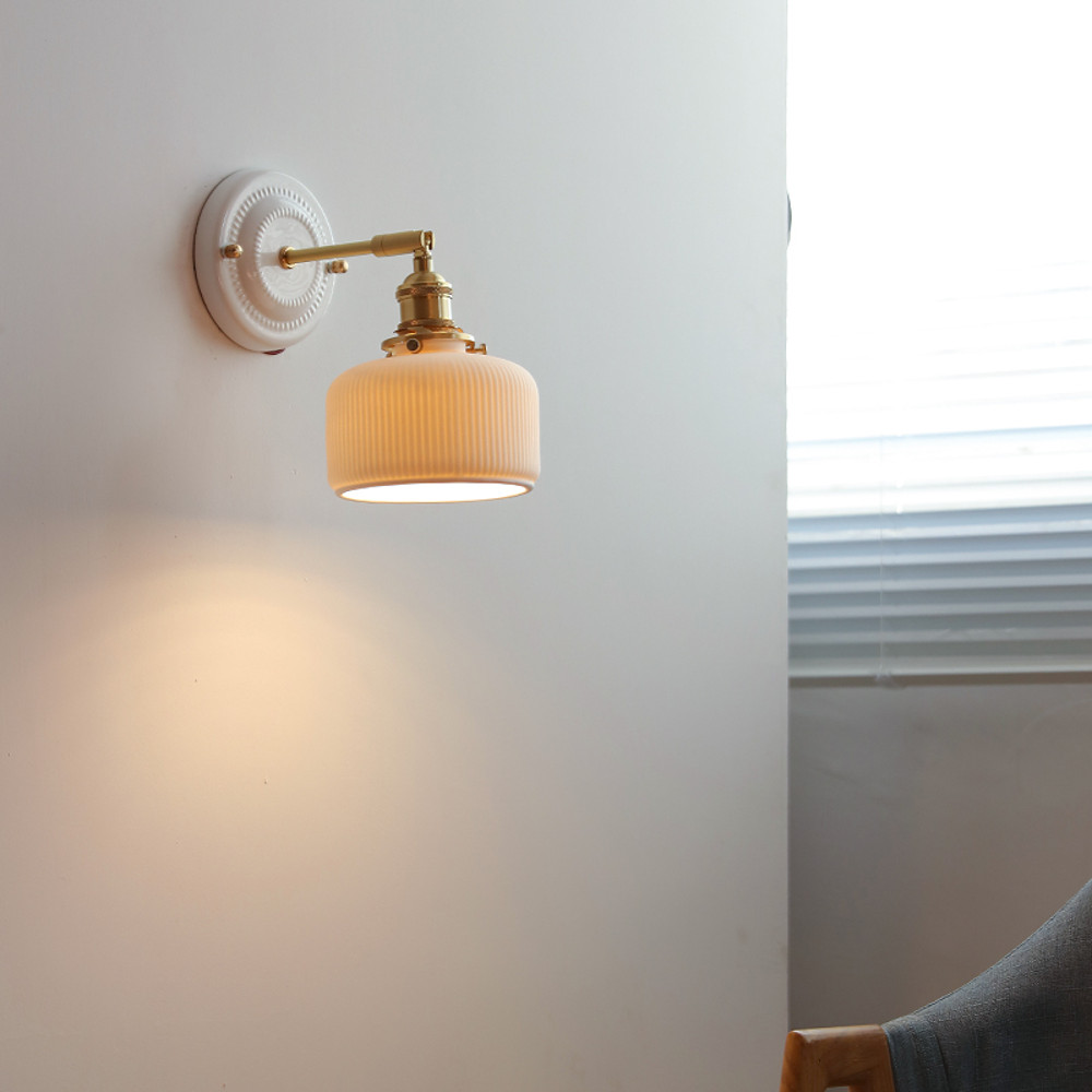 IWHD White Ceramic Modern Wall Lamp, Nordic Japanese Style LED Light for Bedroom, Living Room, Bathroom Mirror