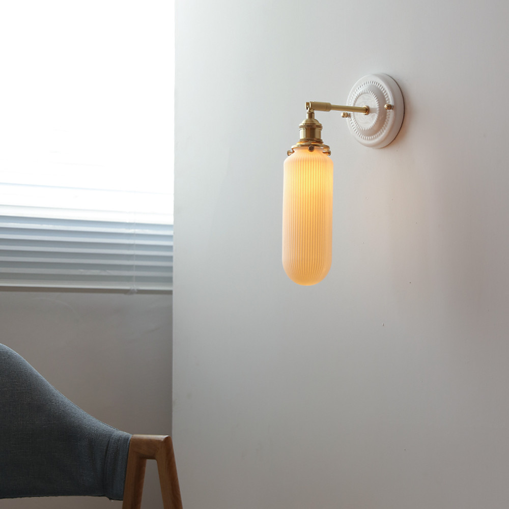 IWHD White Ceramic Modern Wall Lamp, Nordic Japanese Style LED Light for Bedroom, Living Room, Bathroom Mirror