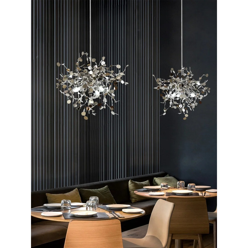 Nordic LED Chandelier, Stainless Steel Chrome Leaf Design for Living Room, Dining Room Bar Table, Modern Personality