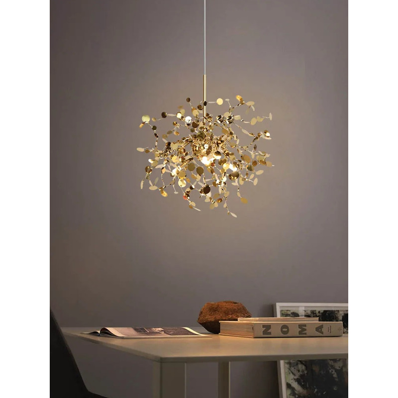 Nordic LED Chandelier, Stainless Steel Chrome Leaf Design for Living Room, Dining Room Bar Table, Modern Personality