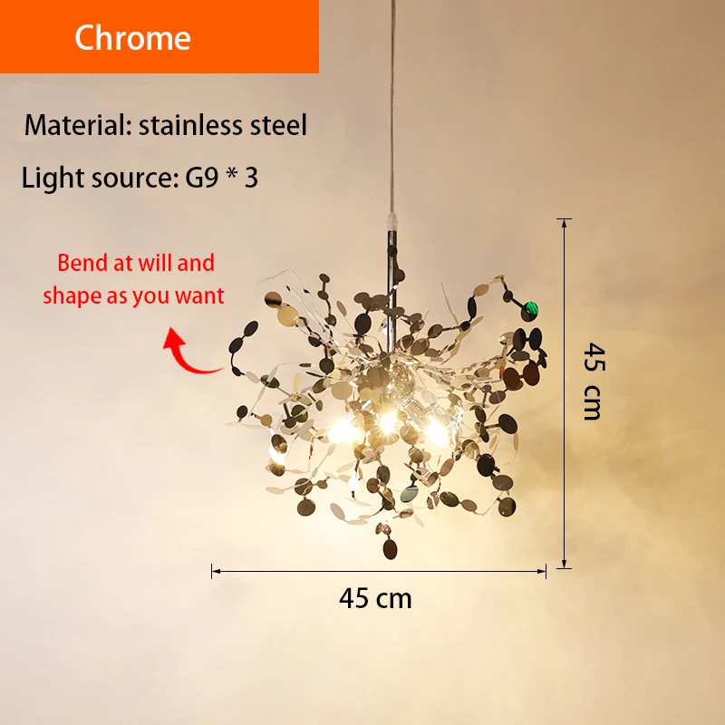 Nordic LED Chandelier, Stainless Steel Chrome Leaf Design for Living Room, Dining Room Bar Table, Modern Personality