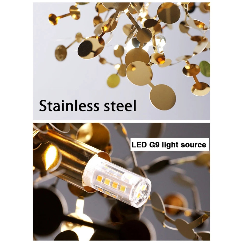 Nordic LED Chandelier, Stainless Steel Chrome Leaf Design for Living Room, Dining Room Bar Table, Modern Personality