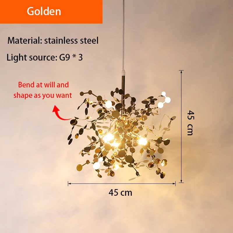 Nordic LED Chandelier, Stainless Steel Chrome Leaf Design for Living Room, Dining Room Bar Table, Modern Personality