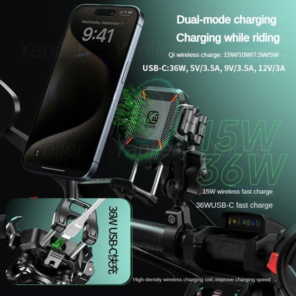 Motorcycle Phone Holder Handlebar Mount, Wireless Charger, USB-C Fast Charging, 1-Second Lock Release, Camera Friendly