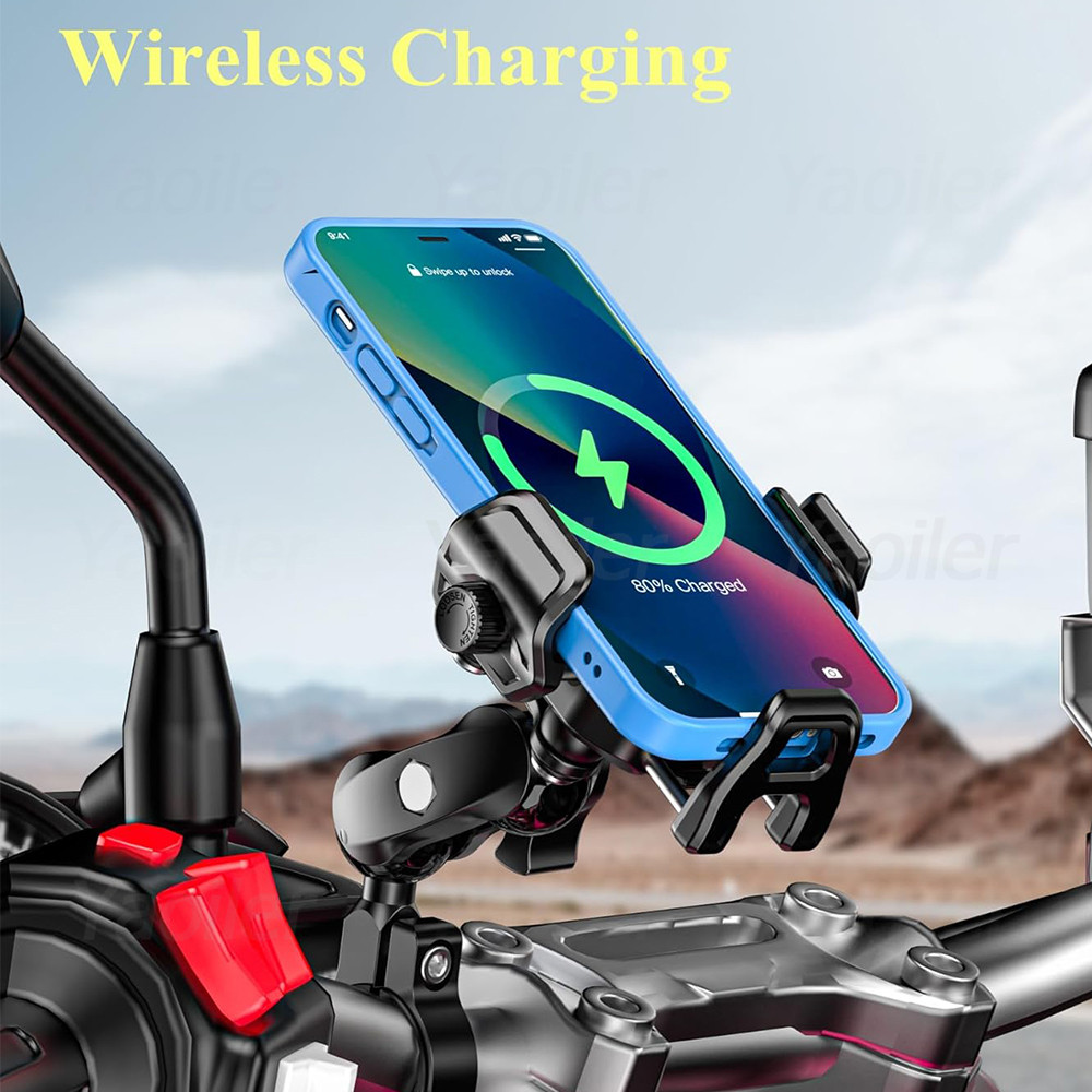 Motorcycle Phone Holder Handlebar Mount, Wireless Charger, USB-C Fast Charging, 1-Second Lock Release, Camera Friendly