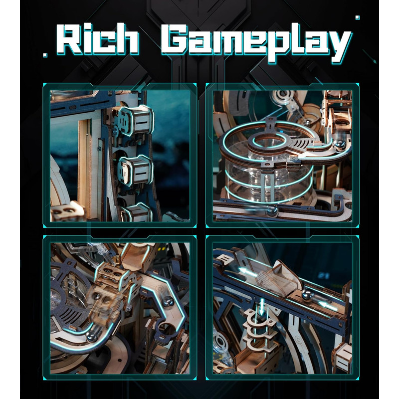 Robotime Rokr Electric Model Kits Marble Spaceport, 3D Wooden Puzzles Brain Teaser Building Toy & Unique Gift