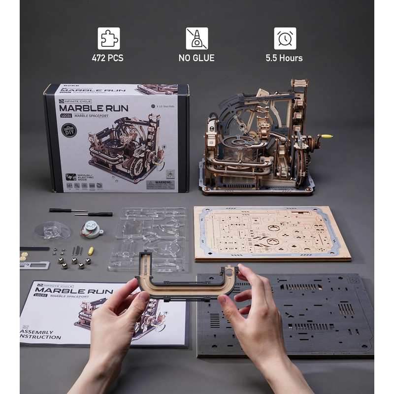 Robotime Rokr Electric Model Kits Marble Spaceport, 3D Wooden Puzzles Brain Teaser Building Toy & Unique Gift