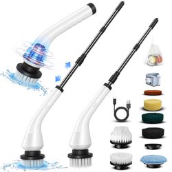 cordless electric spin scrubber, power scrubber with 8 replaceable brush heads & adjustable extension handle