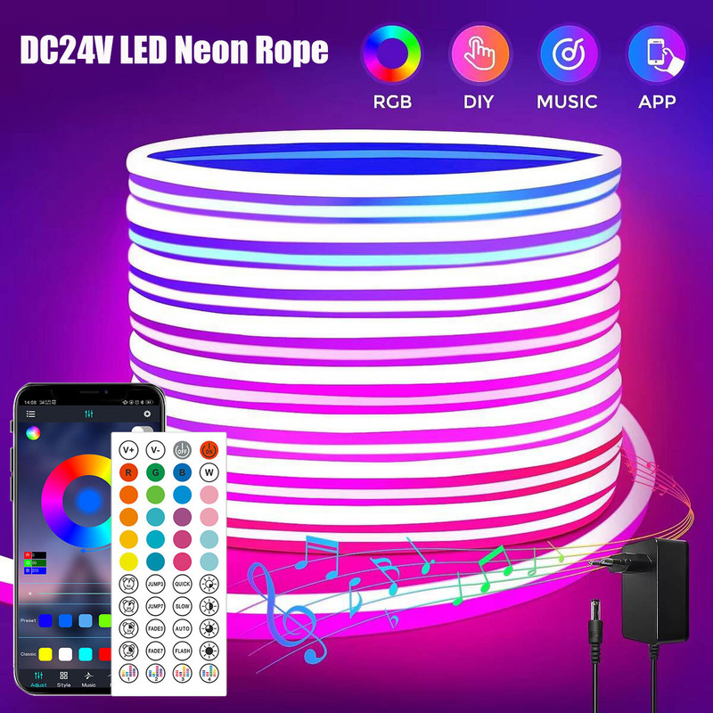 24V RGB Neon LED Lights Strip, Flexible Bluetooth App-Controlled Tape for Wall, Childrens Room, More