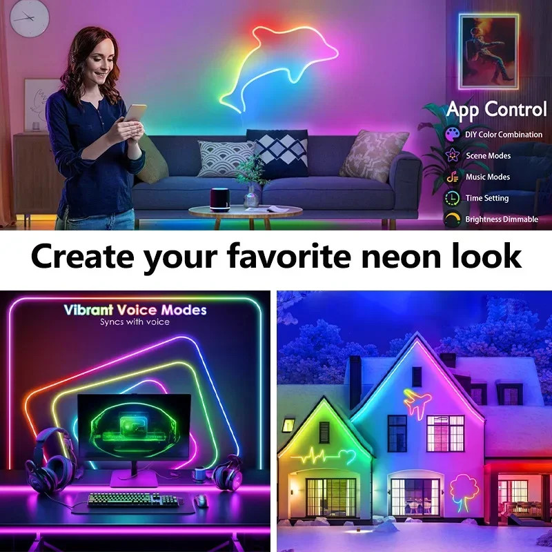 24V RGB Neon LED Lights Strip, Flexible Bluetooth App-Controlled Tape for Wall, Childrens Room, More