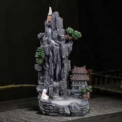 waterfall backflow incense burner, zen meditation decor with micro landscape for tea room, yoga & relaxation