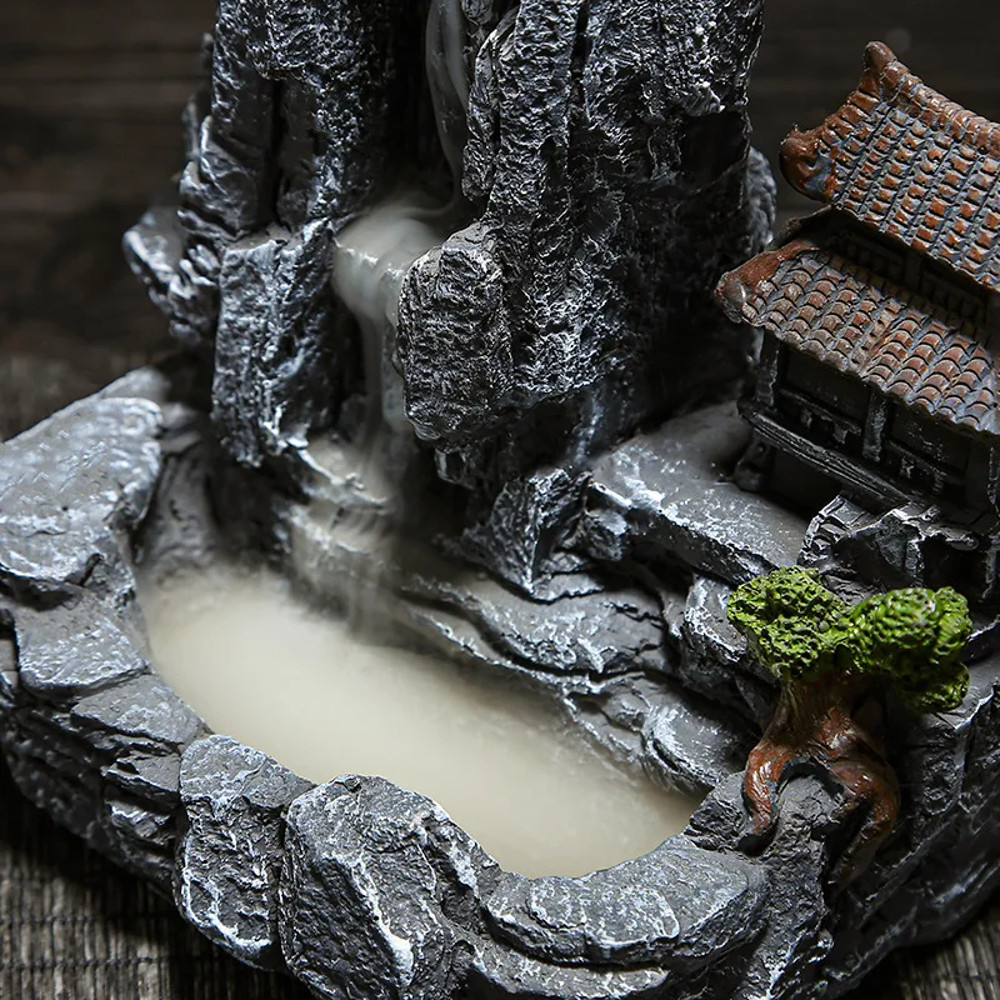 Waterfall Backflow Incense Burner, Zen Meditation Decor with Micro Landscape for Tea Room, Yoga & Relaxation