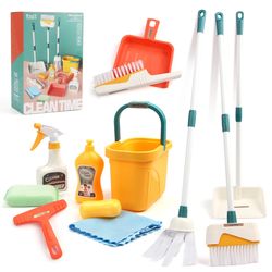 kids cleaning set, complete housework supplies kit with dustpan, broom, bucket & mop, fun play house toys
