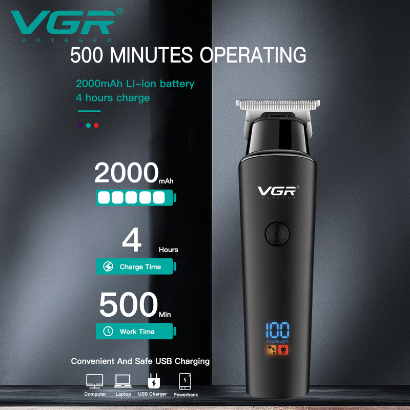 VGR Hair Trimmer Professional Electric Trimmers Cordless Hair Clipper Rechargeable LED Display For 4