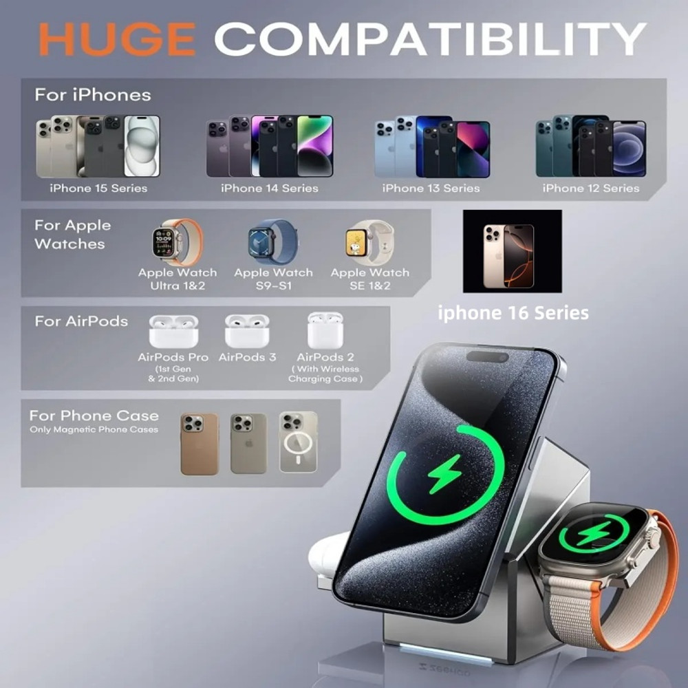 Touch Autorotation MagSafe Magnetic Wireless Charger for Android, iPhone, iWatch & AirPods Fast Charging Dock Station