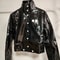 Luxury French Classic Logo Embossed PU Texture Shiny Leather Moto Jacket, Trendy Short Coat with Flip Collar Outerwear