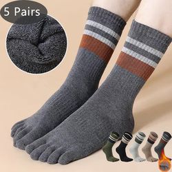men's terry toe socks, cotton striped thick & soft 5 finger socks for sweat-absorbing, warmth & party dress comfort